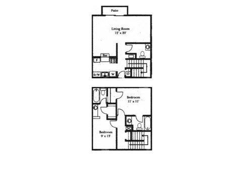 Floor plan for 2 beds, 2.5 baths, 1100 sqft